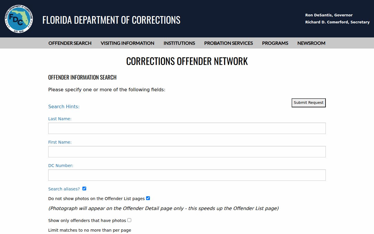 Florida Department of Corrections search for state offender status
