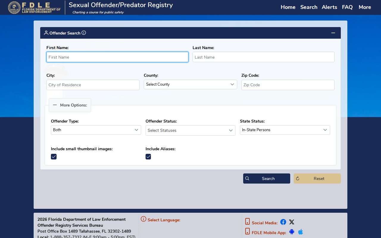 FDLE sexual offender and predator registry search filters for Jacksonville Beach