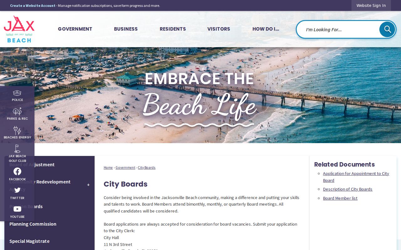 Jacksonville Beach City Boards page showing the official public civic roster layer