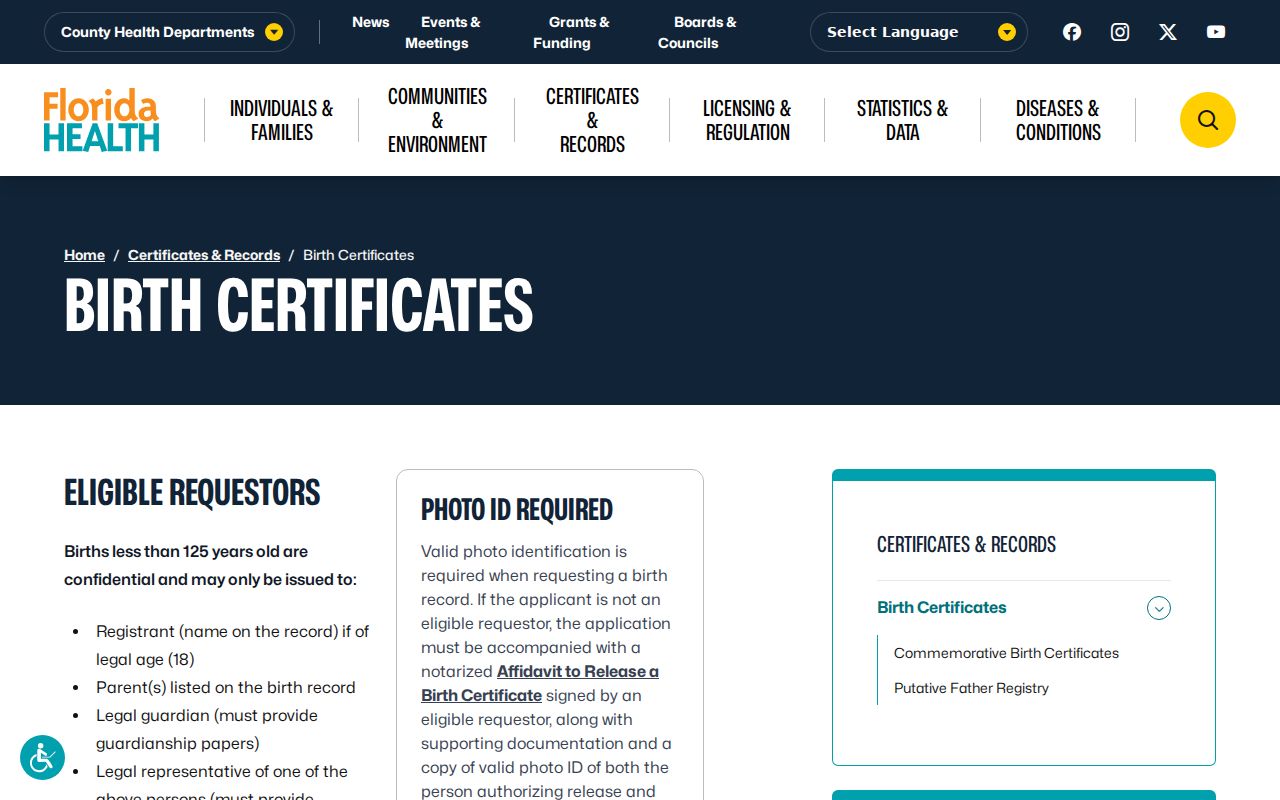 Jacksonville Beach previous residents birth certificate access