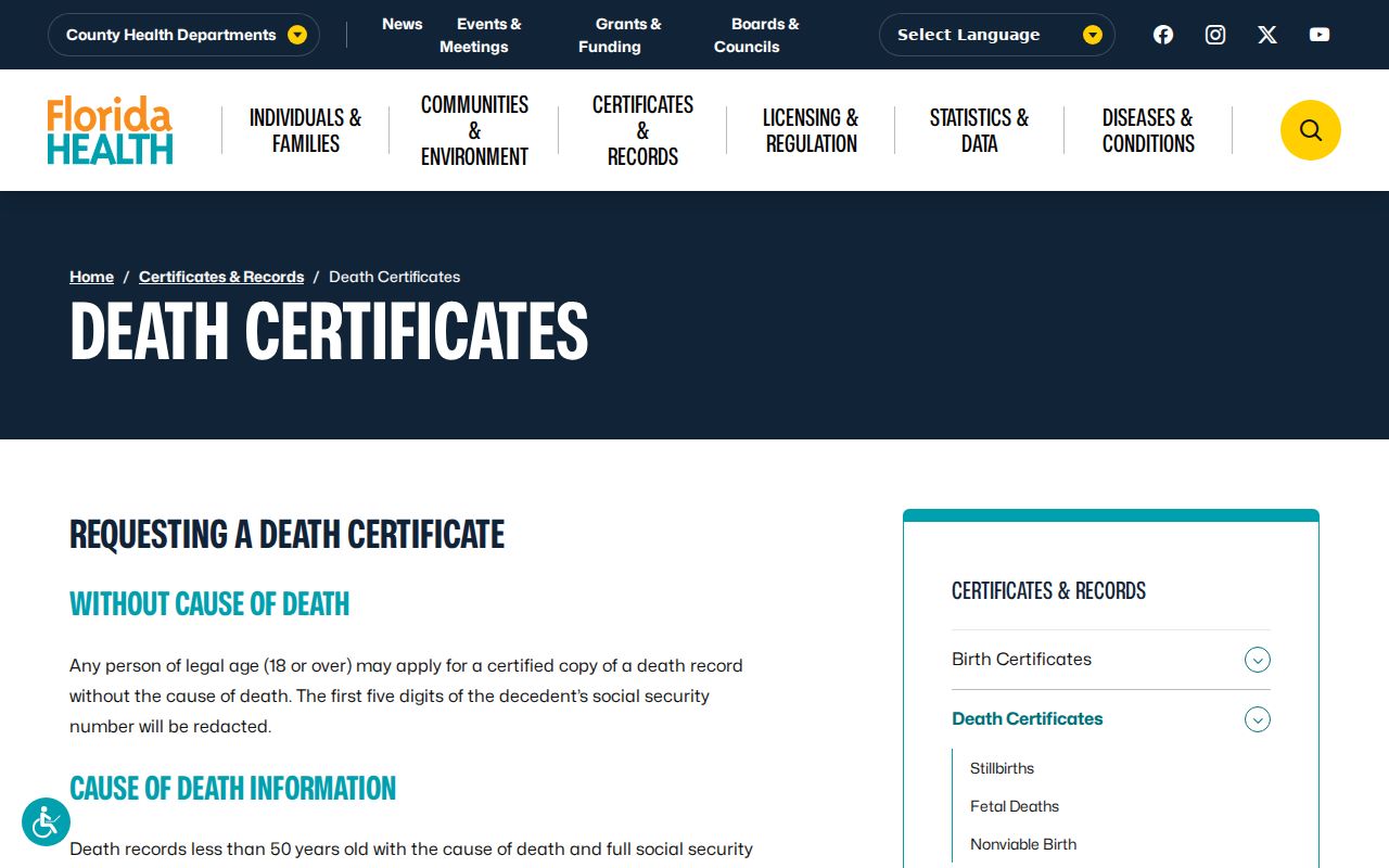 Jacksonville Beach previous residents death certificate access