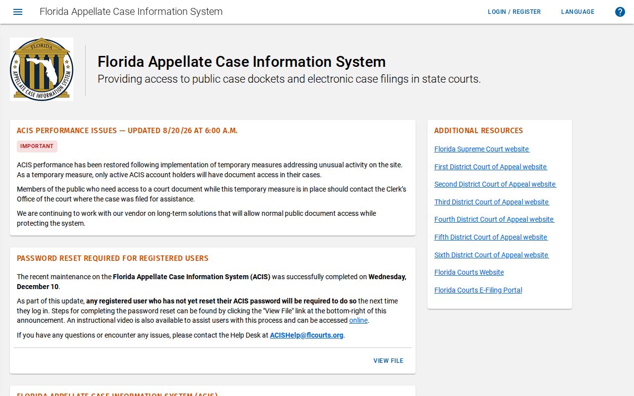 Florida appellate court docket search used to check appellate cases connected with Jacksonville Beach names