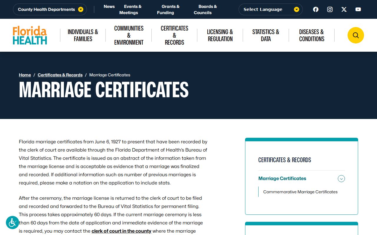 Florida marriage certificate ordering page for confirming a Jacksonville Beach life event