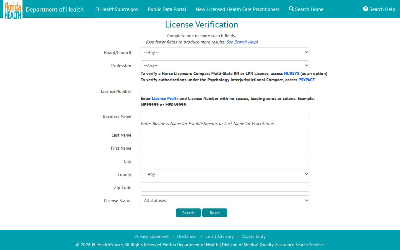 Florida MQA health provider search fields for verifying a Jacksonville Beach name