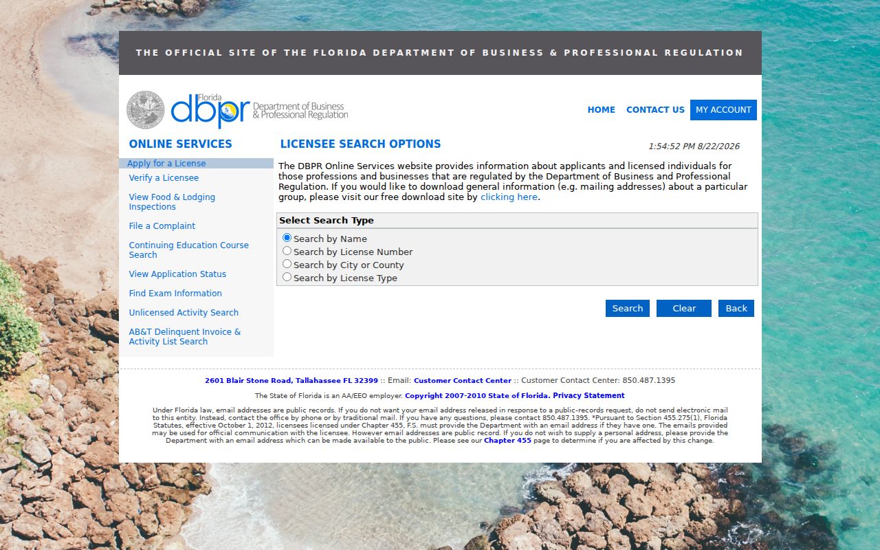Florida DBPR professional license search for a Jacksonville Beach resident lookup